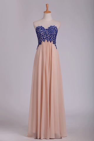 A Line Sweetheart Open Back Prom Dresses Chiffon With Applique Floor Length