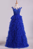 Dark Royal Blue Bateau A Line Evening Dresses With Applique Tulle