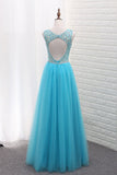 A Line Tulle Bateau Open Back Beaded Bodice Floor Length Prom Dresses