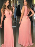 Elegant V Neck Chiffon Coral Straps V Neck Prom Dresses with Belt, Long Evening Dresses SJS15212