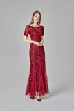 Elegant Mermaid Burgundy Tulle Prom Dresses Round Neck Long Evening Dresses SJS15176