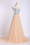 Sweetheart A Line Sweep Train Prom Dresses Tulle With Beads