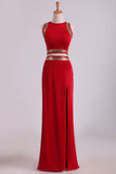 Open Back Prom Dresses Two Pieces Spandex With Beads And Slit Sheath