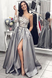 Ball Gown One Shoulder Long Sleeves Grey Satin Split White Lace Long Prom Dresses With Pockets Prom Dresses