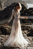 Sparkly V Neck Long Sleeves See Through Sequins Wedding Dresses