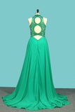 High Neck A Line Chiffon Beaded Prom Dresses Sweep Train