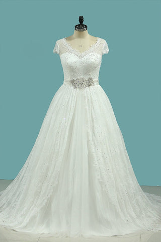 Wedding Dresses A Line V Neck Lace & Tulle With Sash Sweep Train