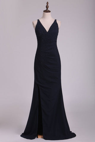 Dark Navy Spaghetti Straps Sheath Chiffon With Beading Evening Dresses