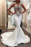 V Neck Beaded Bodice Prom Dresses Mermaid Sweep Train Satin