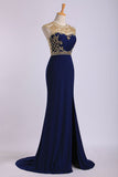 Scoop Neckline Column Beaded Bodice Prom Dresses With Court Train & Slit