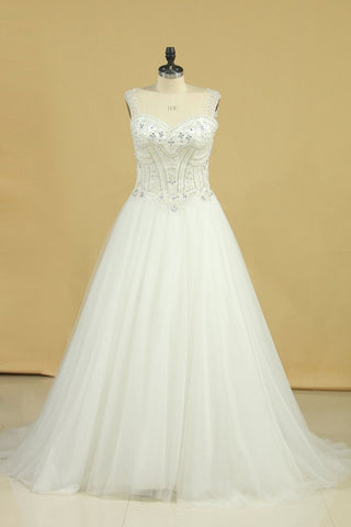 Plus Size A Line Straps Wedding Dresses Tulle With Beading Chapel Train