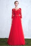 Bateau A Line 3/4 Length Sleeves Prom Dresses With Applique