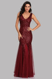 Sexy Burgundy Tulle V Neck Mermaid Sequin Prom Dresses, Evening Party Dresses SJS15332