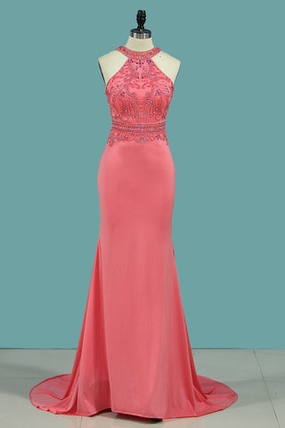 Mermaid Scoop Prom Dresses Spandex With Beading Sweep Train Open Back