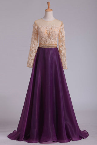 Long Sleeves Prom Dresses Scoop A Line With Applique And Beads Floor Length