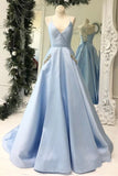 Simple V Neck Sky Blue Satin Long Prom Dresses with Pockets Beading, Formal Dresses SJS15404