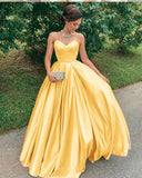 A Line Yellow Satin Prom Dresses, Strapless Sweetheart Sleeveless Party Dresses SJS15046