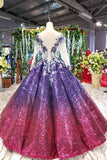 Ball Gown Ombre Sparkly Long Sleeve Sequins Prom Dresses, Quinceanera Dresses SJS15066