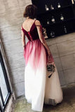 A Line Spaghetti Straps Ombre Long Tulle Prom Dresses, Burgundy V Neck Evening Dress SJS15029