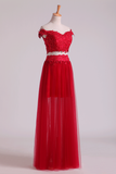 Hot Two Pieces Prom Dresses Tulle A Line With Applique Red