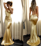 Elegant Mermaid Short Train Spaghetti Straps Long Sexy Gold V Neck Prom Dresses JS635