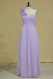 Bridesmaid Dress A Line One Shoulder Chiffon With Handmade Flowers