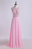 Bateau Prom Dresses A Line Beaded Bodice Chiffon