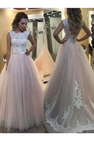 A-Line/Princess Bateau Sleeveless Sweep/Brush Train Lace Tulle Dresses