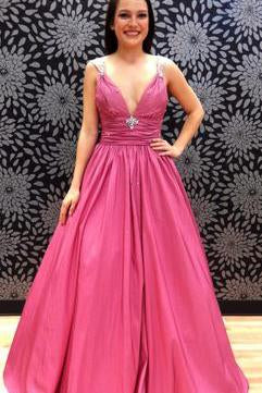 Sugar Pink V-Neck Spaghetti Straps Open Back Sleeveless Prom Dress Satin Prom Dresses JS794