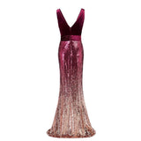 Sexy Sequins Mermaid V Neck Burgundy Velvet Long Prom Dresses Backless Evening Dress SJS15352