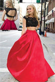 Charming Red And Black Two Pieces Lace Floor Length Prom Dresses Evening Dresses JS136