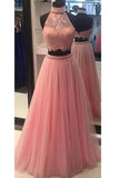 Two-Piece Prom Dresses Halter Tulle & Lace With Beads A Line