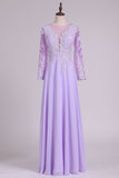 Long Sleeves V Neck Chiffon With Applique And Beads A Line Evening Dresses