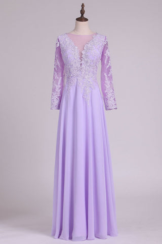 Long Sleeves V Neck Chiffon With Applique And Beads A Line Evening Dresses