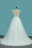 A Line Spaghetti Straps Wedding Dresses Tulle & Lace With Applique Court Train