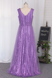 Floor Length Bridesmaid Dresses Sequins & Tulle V Neck A Line