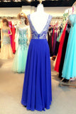 Prom Dresses A-Line Scoop Floor-Length Dark Royal Blue Chiffon Beaded Bodice