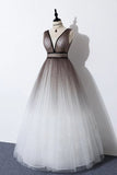 Elegant A Line Long Tulle V Neck Straps Prom Dresses, Lace up Party Dresses SJS15147