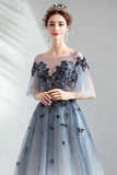 A Line Half Sleeves Tulle Long Ombre Prom Dress with Appliques Blue Evening Dresses SJS15001