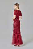 Elegant Mermaid Burgundy Tulle Prom Dresses Round Neck Long Evening Dresses SJS15176