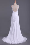 White Prom Dresses Straps Mermaid/Trumpet Ruffled Bodice Beaded Open Back