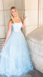 A Line Tulle Princess Formal Evening Dresses Sky Blue Long Prom Dresses