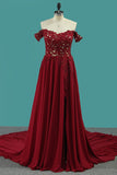 Red Slit Off The Shoulder Prom Dresses A Line Chiffon With Applique And Beads