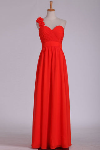 One Shoulder A Line Bridesmaid Dresses With Handmade Flowers & Ruffles Chiffon