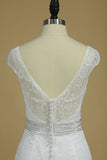 Scoop Cap Sleeves Mermaid Wedding Dresses Beaded Waistband Lace