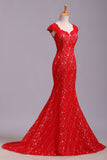 Elegant Red Sweetheart Mermaid Lace Cap Sleeve Open Back Prom Dress Party Dresses JS175