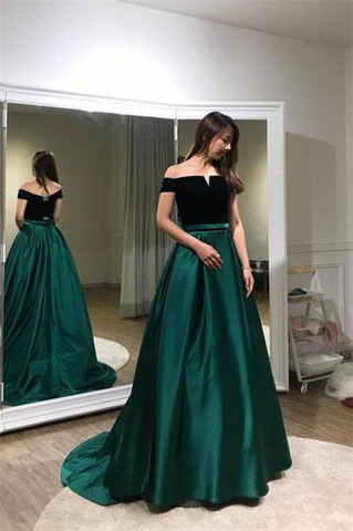 Unique A line Black And Green Long Elegant Off the Shoulder Satin Prom Dresses JS106