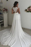 Formal Long Ivory Lace Chiffon Side Slit Cap Sleeve Cheap Beach Wedding Dresses JS107