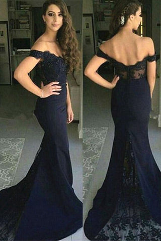 Mermaid Off-the-Shoulder Sweep Train Navy Blue Appliques Satin Prom Dresses JS404