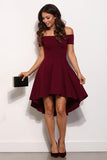 Short A Line Burgundy Off the Shoulder High Low Knee Length Satin Homecoming Dresses JS644